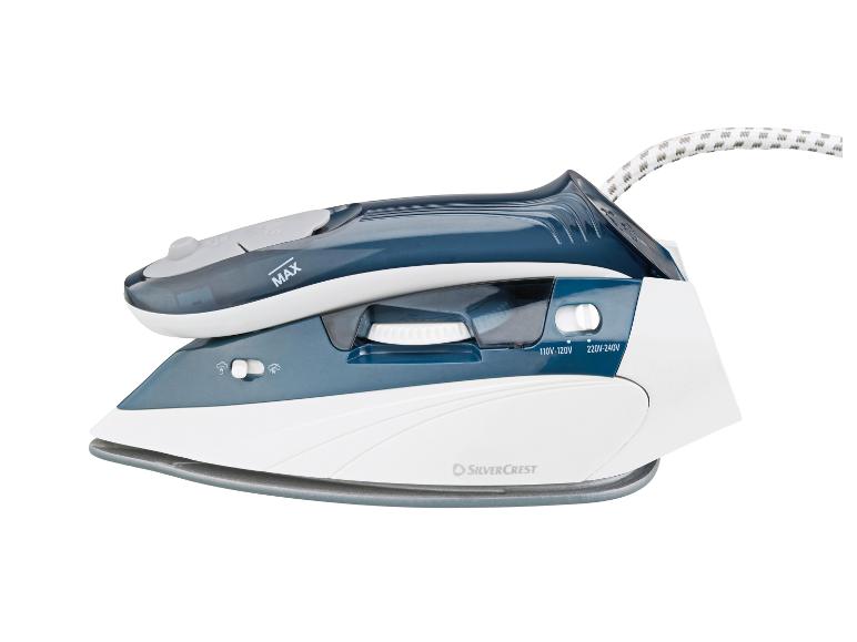 Blauwwit reisstrijkijzer met opvouwbaar handvat en spanningsselector