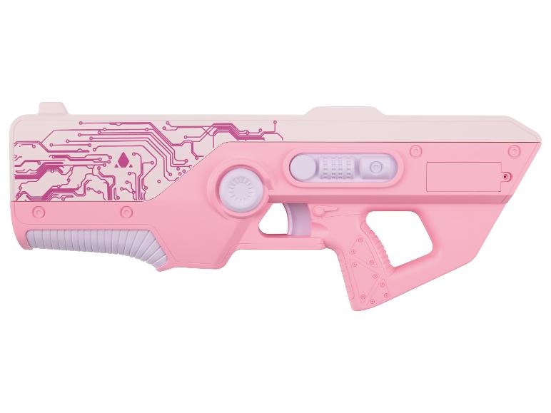 Roze speelgoedblaster met een printplaatpatroon.
