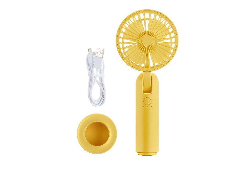Gele oplaadbare USB-handventilator met standaard.