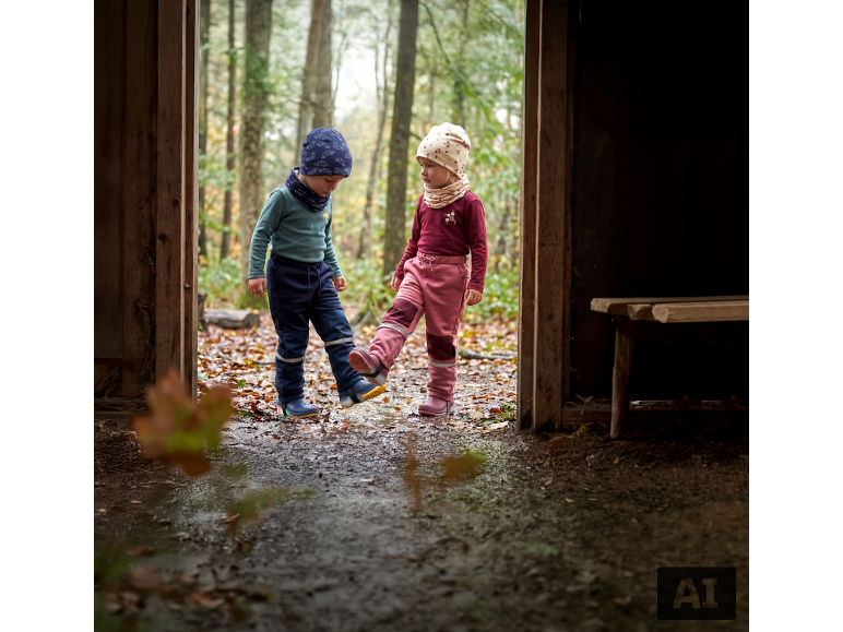 Twee kinderen in warme buitenkleding en regenlaarzen spelen in een plas.
