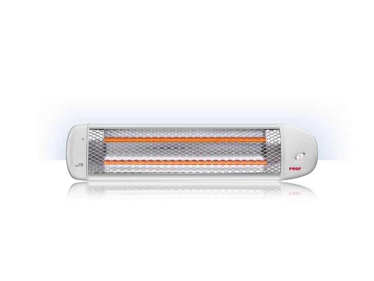 Witte wandverwarming met twee oranje verwarmingsstaven en een metalen rooster.