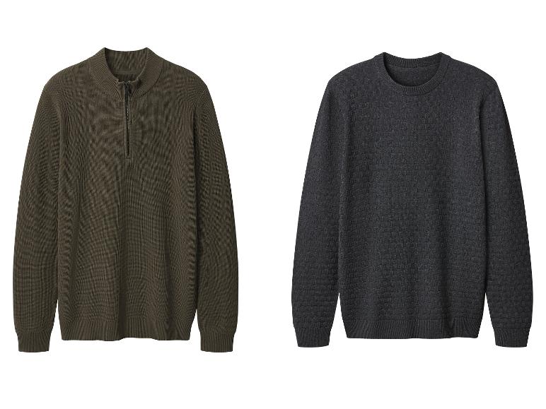 Twee herentruien: een olijfgroene met rits en een donkergrijze met ronde hals.