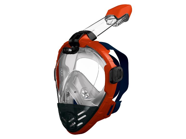 Oranje snorkelmasker met geïntegreerde snorkel en zwarte accenten.