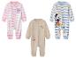 Drie babyrompertjes: een roze gestreepte met Minnie Mouse, een beige met Winnie de Poeh, een blauw gestreepte met Mickey Mouse.