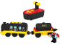 Zwart-gele speelgoedtrein met afstandsbediening en machinistfiguur.
