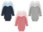 Baby's longsleeve rompers: wit, roze, grijs en donkerblauw.