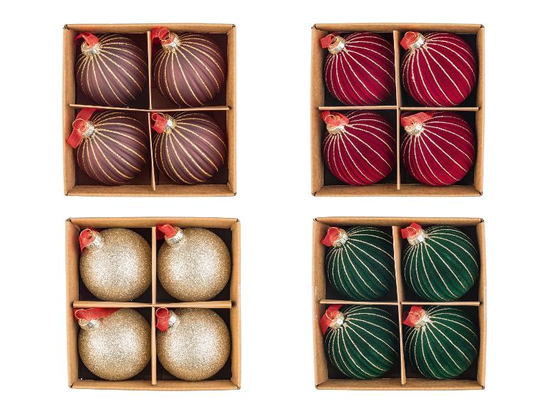 Sets van 4 LIVARNO® glazen kerstballen in bruin, rood, goud en groen.