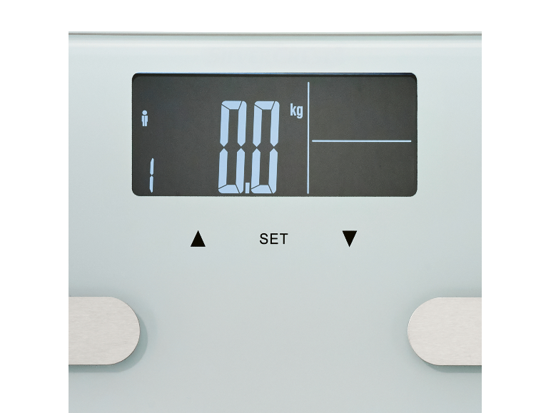 Close-up van het display van een digitale personenweegschaal die 0,0 kg aangeeft.
