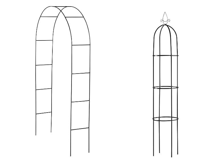 Tuinboog en obelisk van zwart metaal voor klimplanten.