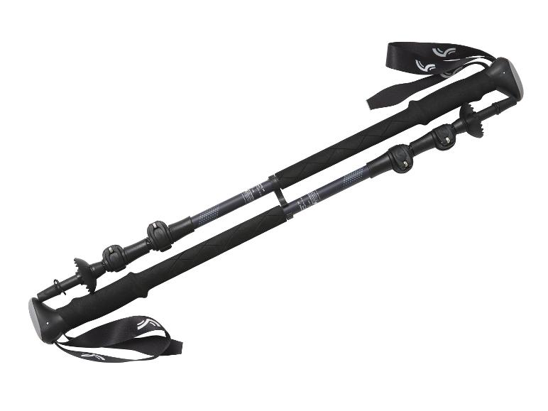 Een paar zwarte trekkingstokken met banden en grijze details.