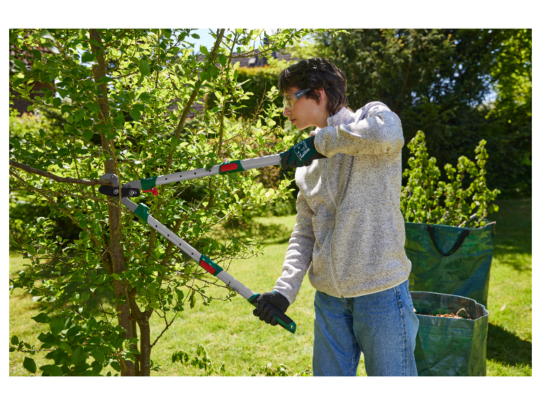Een vrouw snoeit een boom met Parkside snoeischaar.