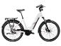 Witte elektrische fiets met bagagedrager en spatborden, met een modern design.