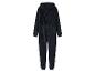 Donkere, zachte jumpsuit met capuchon en rits.