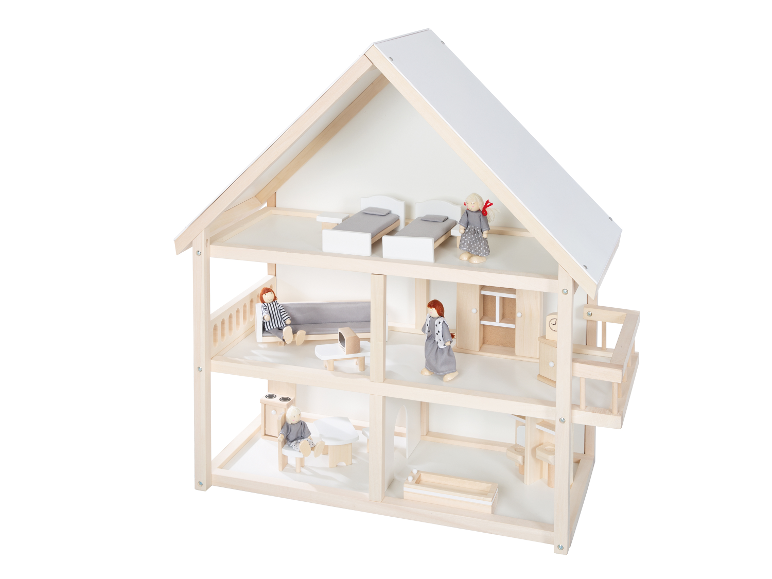 Houten poppenhuis met meubels en poppen.