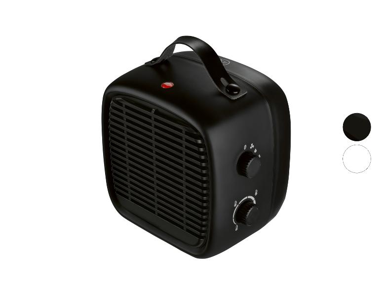 Zwarte draagbare ventilatorkachel met twee bedieningsknoppen en een draagbeugel.