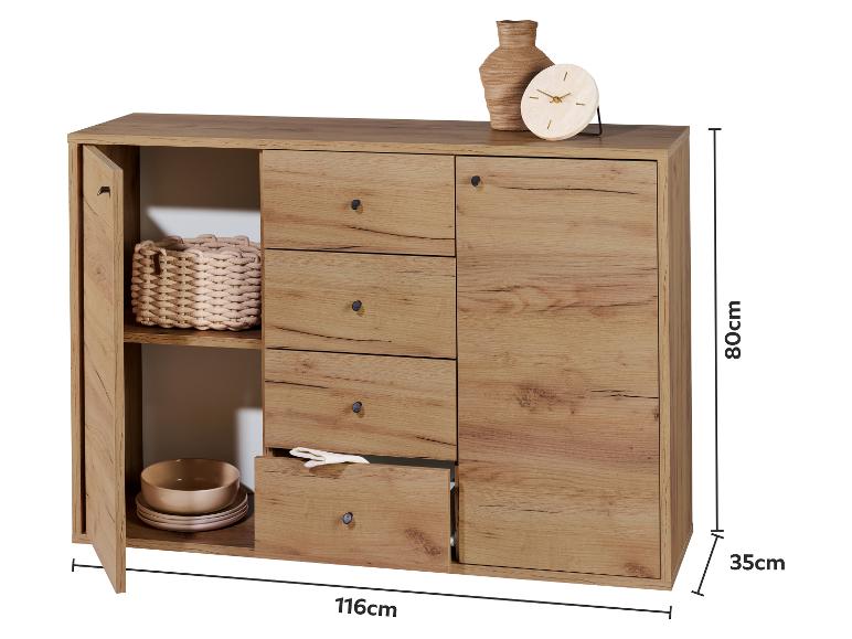 Houten dressoir met open deur, lades en planken, versierd met een vaas en een klok.