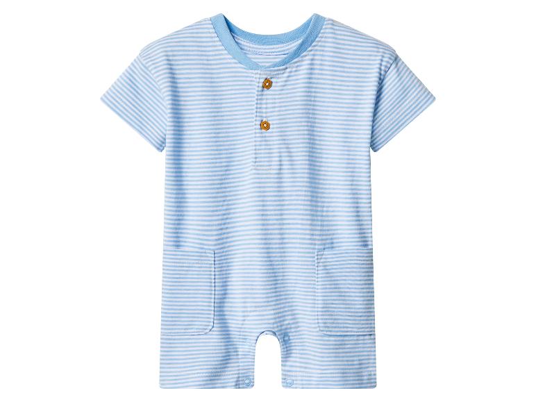 Blauw-wit gestreepte baby romper met korte mouwen en knopen