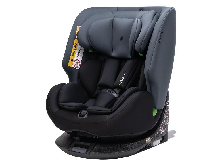 Een grijze en zwarte draaibare kinderautostoel van Joie.