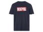 Een donkerblauwe t-shirt met een rood Marvel-logo.
