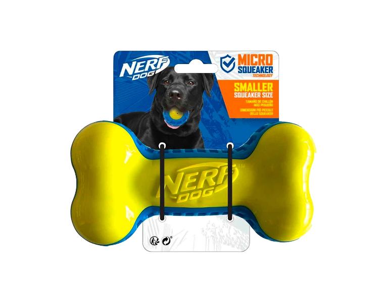 Een gele Nerf Dog-bot met piepje in de vorm van een bot