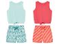 Twee zomersetjes voor meisjes: tanktops en shorts met ikat- en streepmotief.