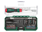 Schroevendraaierset met ergonomische handgreep, flexibele verlenging en diverse bits.