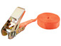Een oranje ratelband met een metalen gesp.