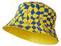 Bucket hat met blauw en geel ruitpatroon en logo's.