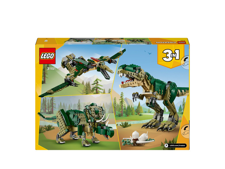 LEGO Creator 3-in-1 set met een T-Rex, een Pterodactyl en een Triceratops.