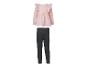 Roze top met lange mouwen en ruches en donkergrijze geribbelde legging voor baby's.