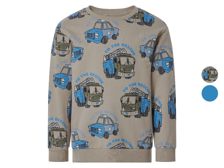 Beige sweatshirt met blauwe en groene politieauto- en brandweerwagenprint, met de tekst 'TO THE RESCUE'.