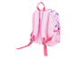 Roze kinderrugzak met blauwe en roze stripfiguren.