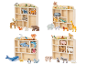 Houten planken met dierenfiguren: bos, savanne, zee en boerderijdieren.
