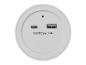 Wit rond apparaat met USB-A- en USB-C-poorten, gelabeld '5.0V DC Max.3.4A'