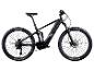 Zwarte full-suspension elektrische mountainbike met grijze en paarse accenten.
