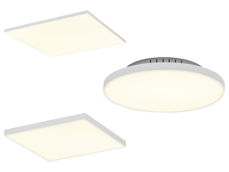 Twee vierkante en één ronde LED-plafondlamp op een witte achtergrond.