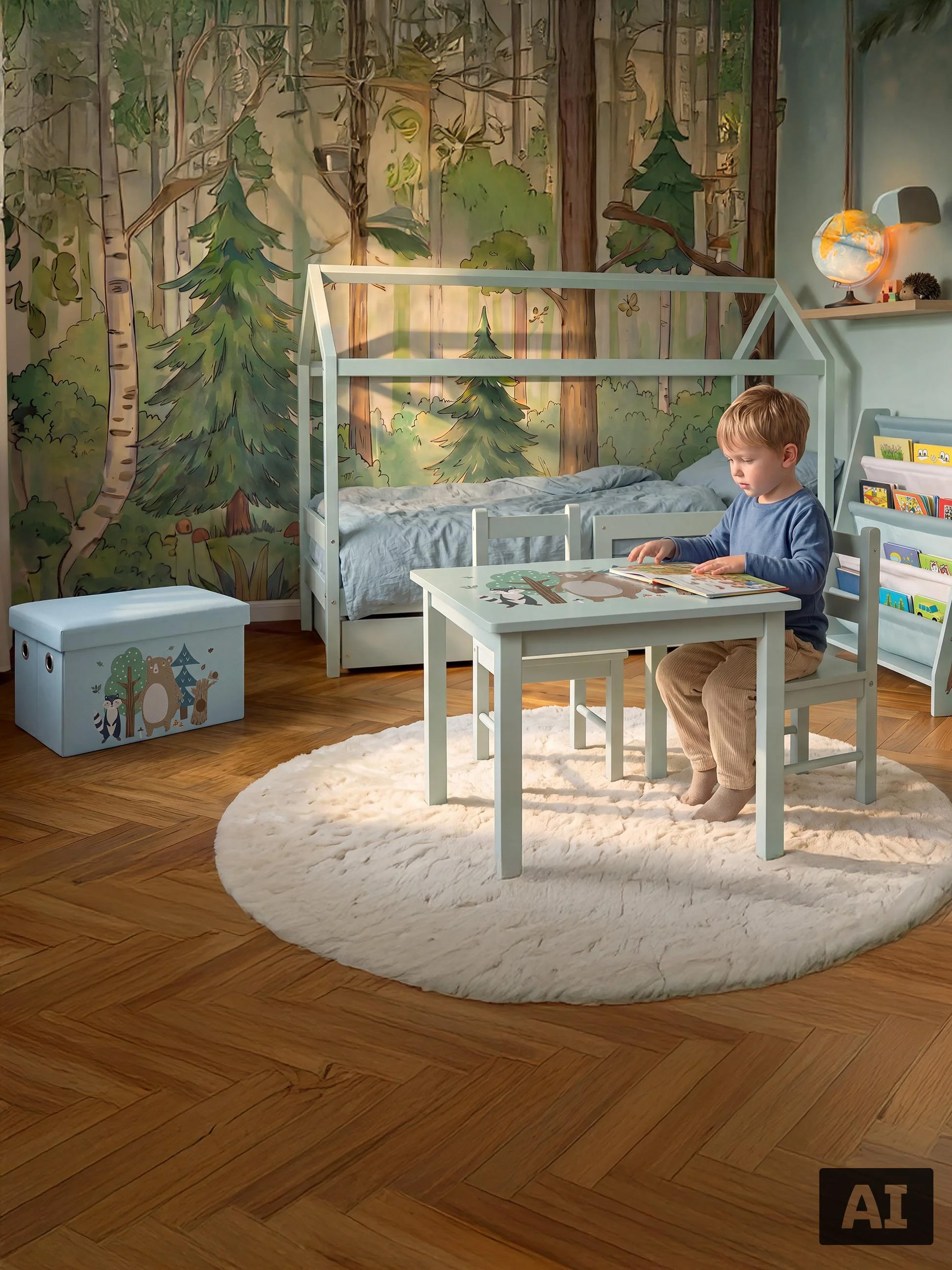 Kinderkamer met houten bed, tafel met stoelen, speelgoedkist en vloerkleed in bosthema.