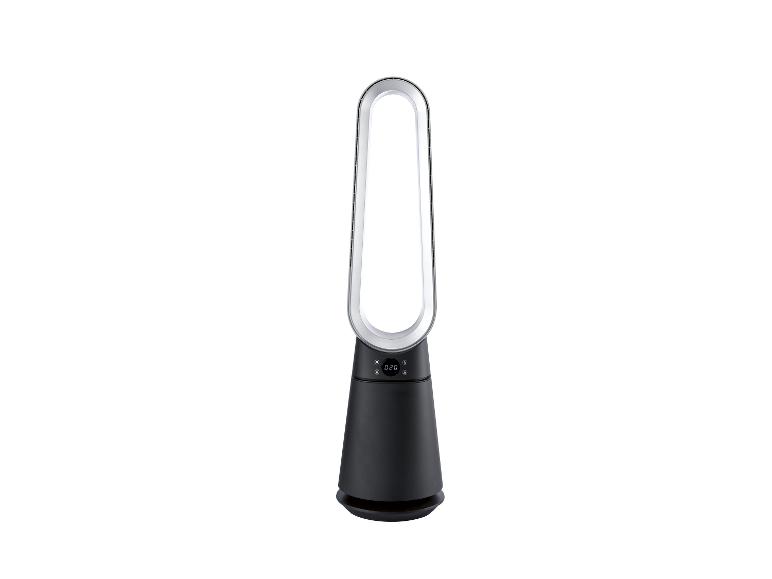 Zwart-zilveren torenventilator met digitaal display.