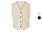 Beige vest zonder mouwen, donkere knopen.