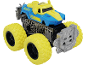 Blauw-gele speelgoedmonstertruck met grote, grove banden.