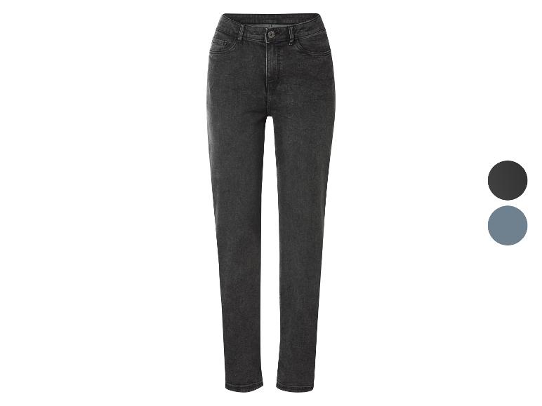 Donkergrijze damesjeans met knoop- en ritssluiting, getoond met kleuropties.