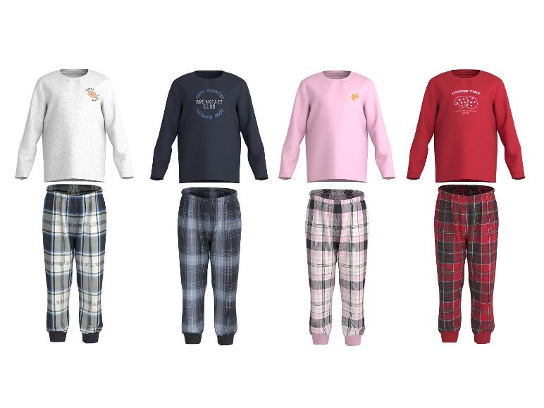 Vier sets kinderpyjama's met lange mouwen en geruite broeken, met ontbijtthema-prints.