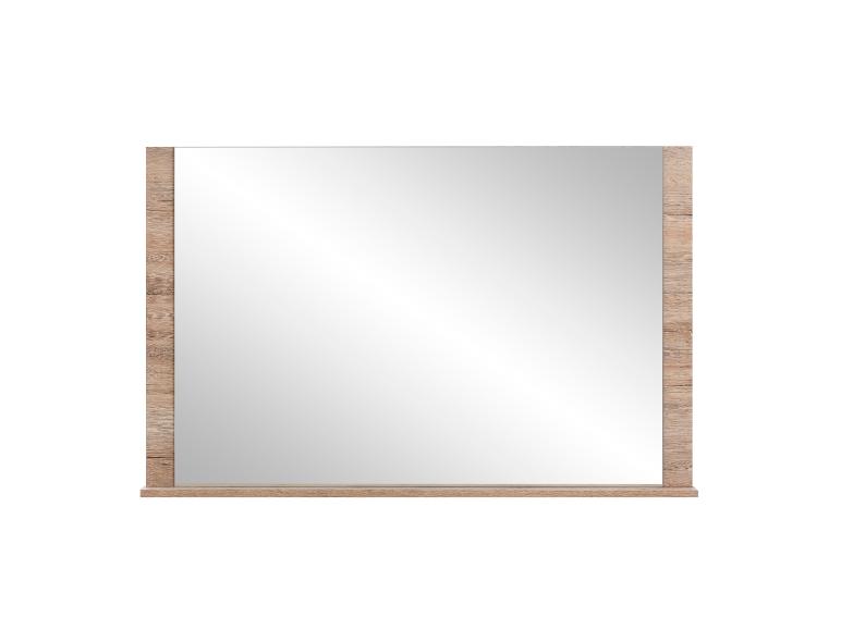 Vierkante spiegel met houten frame en een kleine plank eronder.