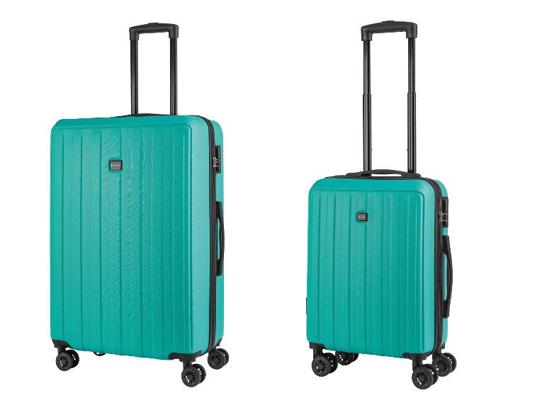 Twee turquoise Topmove koffers, een grote en een kleine.