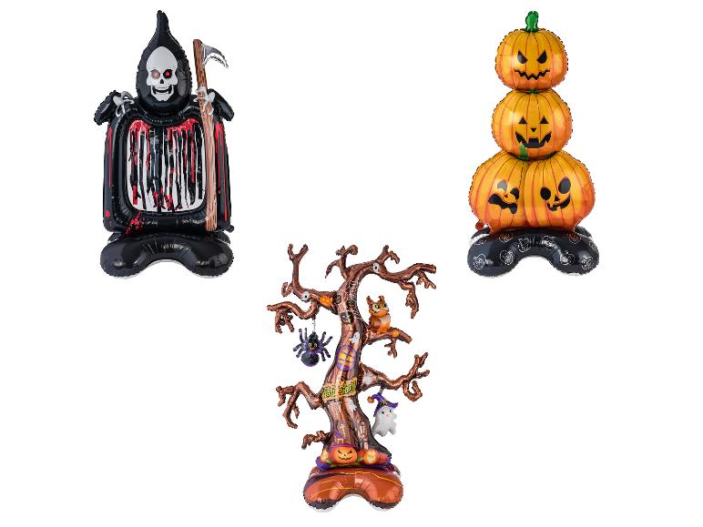 Drie Halloween ballonnen: skelet met zeis, boom met spin en pompoenen, en drie gestapelde pompoenen.