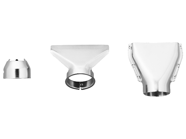 Drie metalen mondstukken voor een heteluchtpistool.