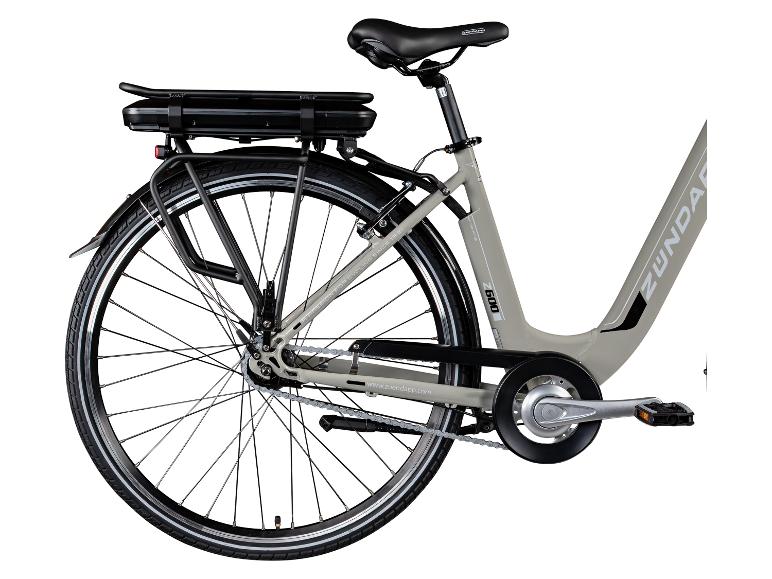 Grijze Zündapp Z600 elektrische fiets met bagagedrager en accu.