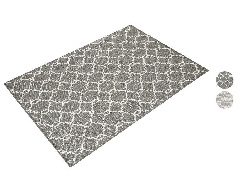 Grijs tapijt met geometrisch patroon, verschillende designs beschikbaar.