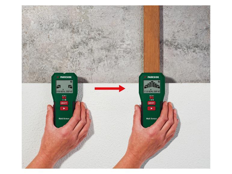 Multifunctionele wanddetector in actie, lokaliseert een houten stijl achter een muur.