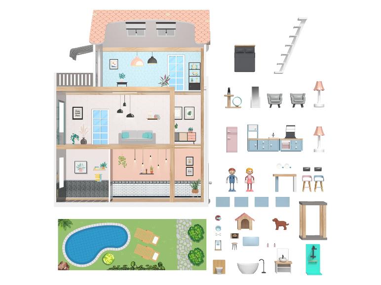 Drie verdiepingen tellend poppenhuis met meubels en accessoires, inclusief een buitenzwembad.
